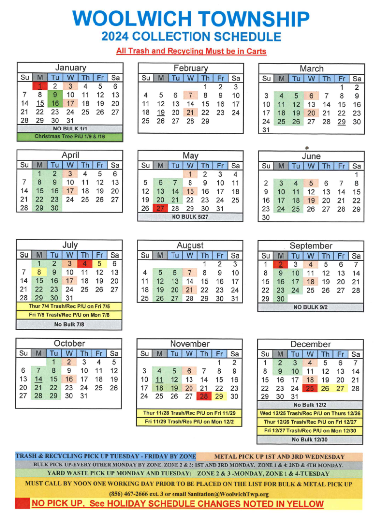 2024 trash calendar updated Woolwich Township, NJ